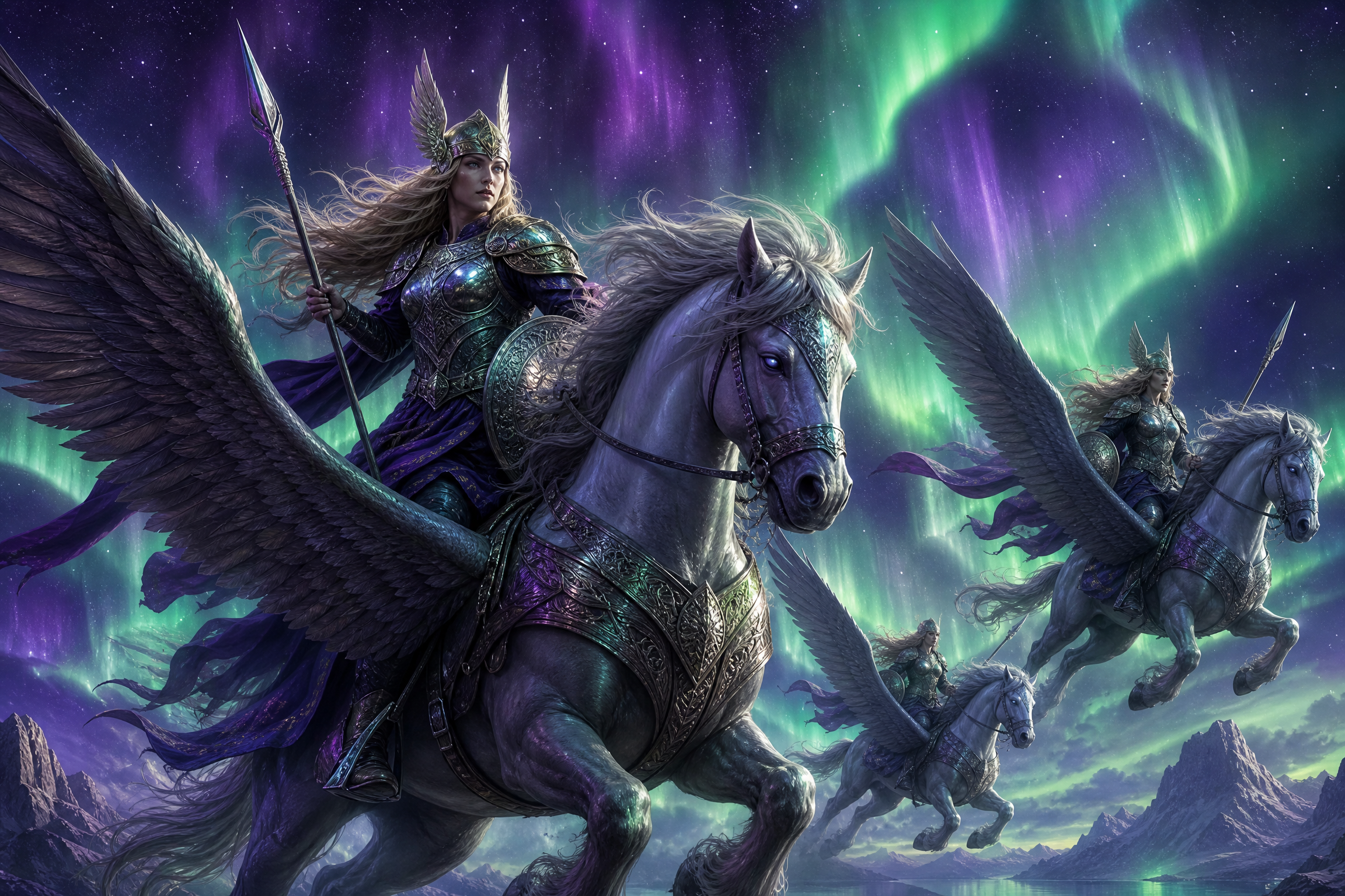 北欧神话中瓦尔基里骑‌马穿越极光夜空的​艺术画