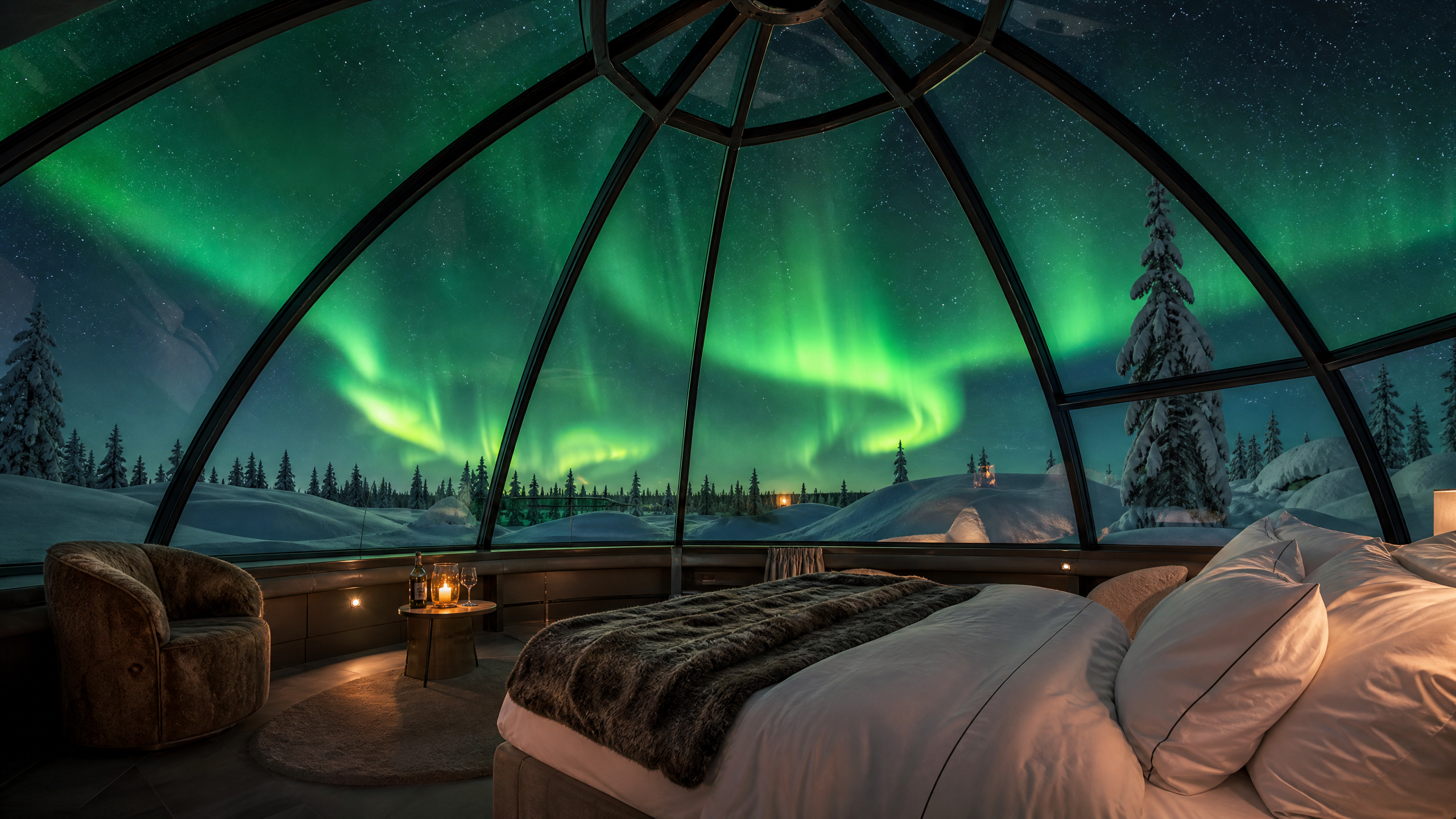 北欧极地玻璃穹顶小屋在极光下的梦﻿幻夜景